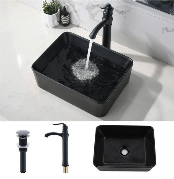 19x15 Matte Black Ceramic Vessel Sink Faucet Combo Rectangle Above Counter