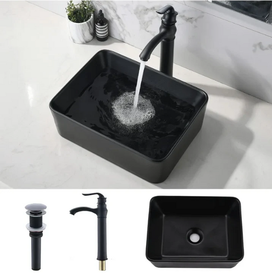 19x15 Matte Black Ceramic Vessel Sink Faucet Combo Rectangle Above Counter