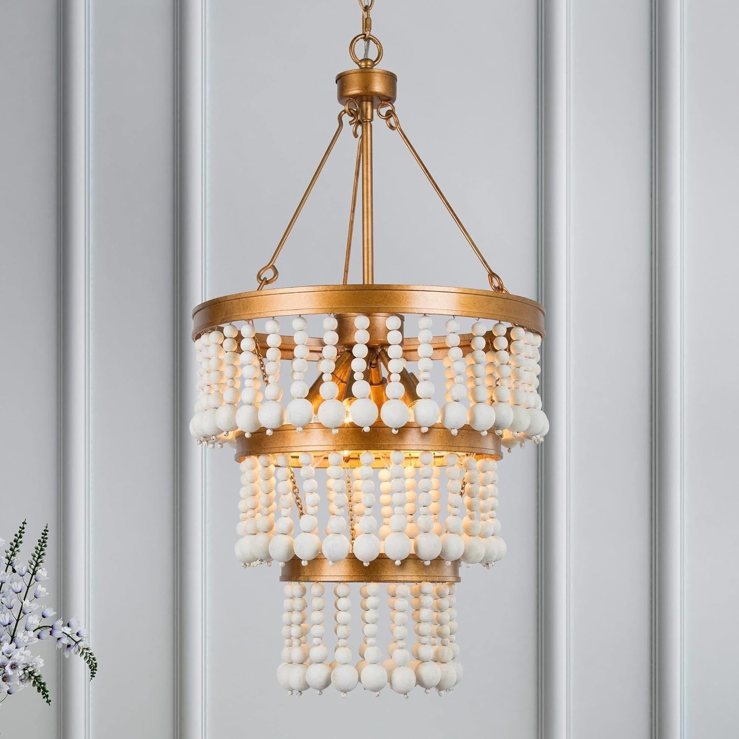 3-Tier Wood Bead Chandelier 6-Light Antique Gold Boho Farmhouse 16" UL E12