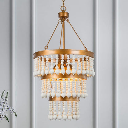 3-Tier Wood Bead Chandelier 6-Light Antique Gold Boho Farmhouse 16" UL E12