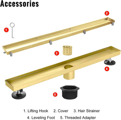 Linear Shower Drain 24 inch Brushed Gold Tile Insert 304 Stainless Adj. Feet