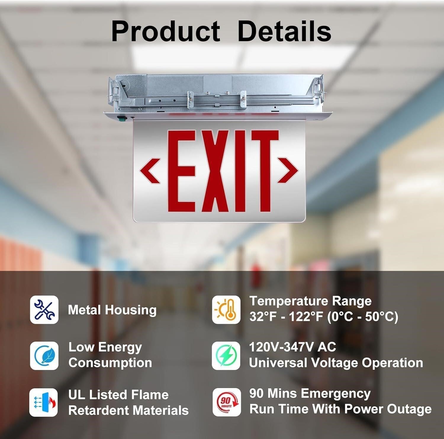 Commercial Exit Sign LED Recessed Mirror Acrylic Battery Backup UL 120V