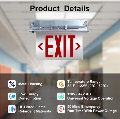 Commercial Exit Sign LED Recessed Mirror Acrylic Battery Backup UL 120V