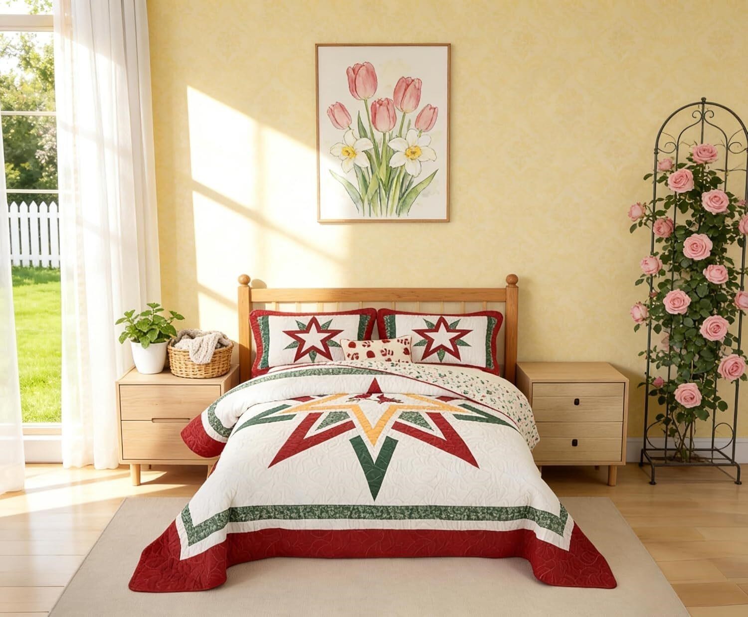 Cardinal Christmas Quilt Set King Patchwork Star 3 Pc Holiday Bedspread + 2 Sham
