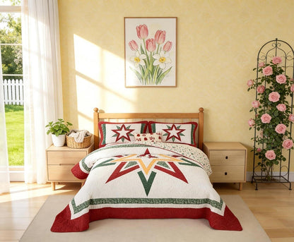Cardinal Christmas Quilt Set King Patchwork Star 3 Pc Holiday Bedspread + 2 Sham