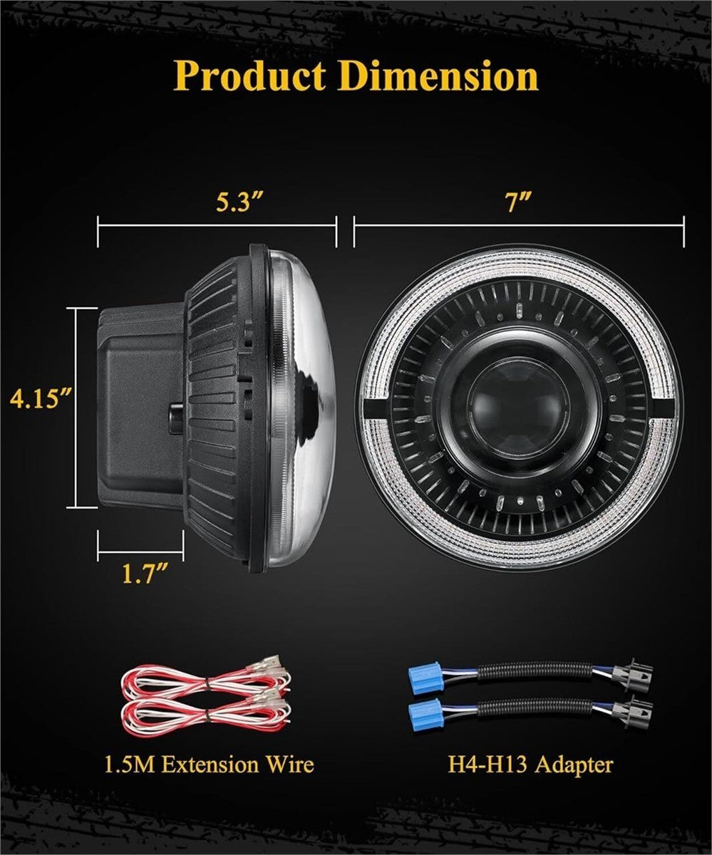 Partsam 7 Inch LED Headlights H6024 DOT Jeep Wrangler JK TJ Amber Halo DRL Pair