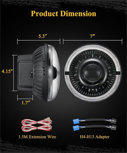 Partsam 7 Inch LED Headlights H6024 DOT Jeep Wrangler JK TJ Amber Halo DRL Pair
