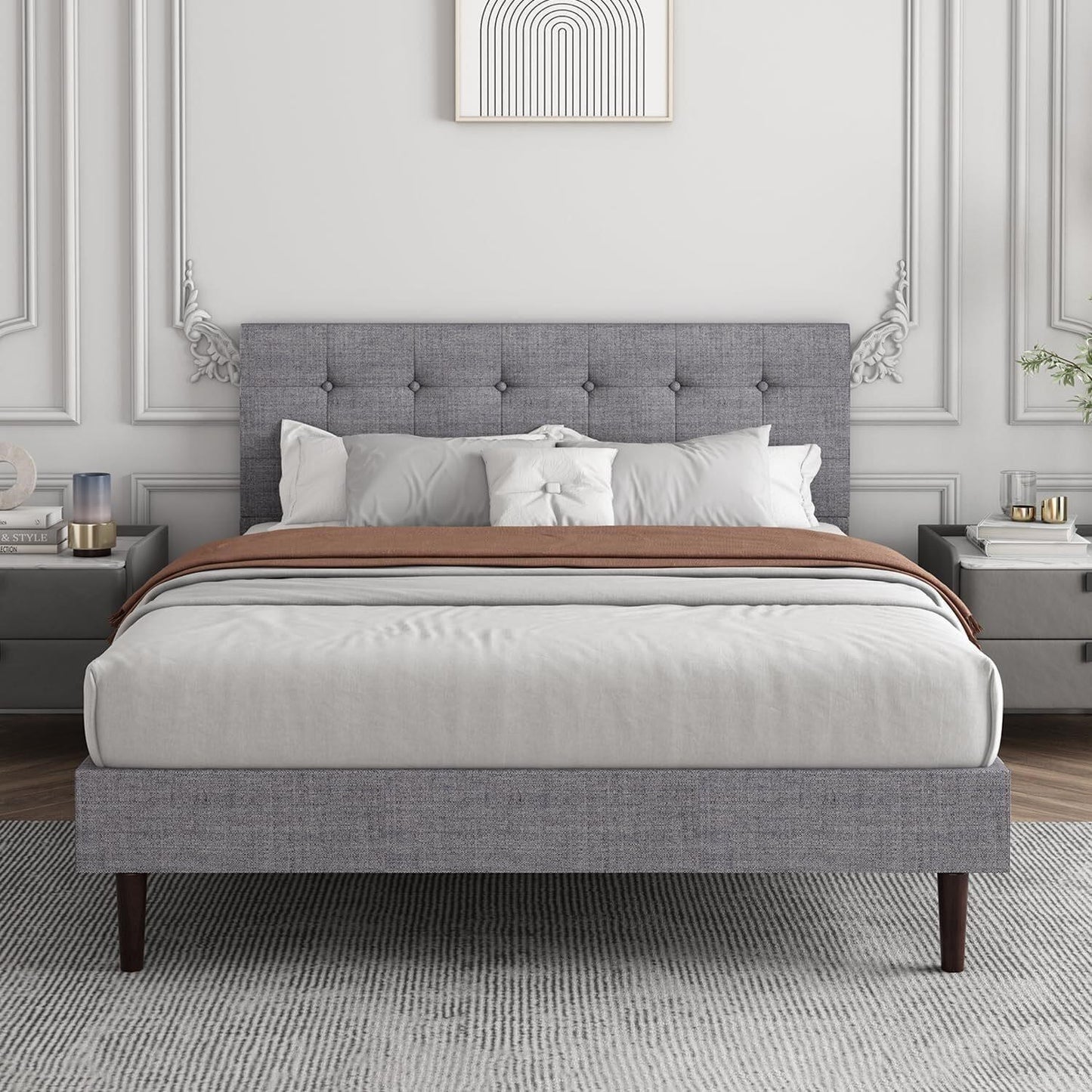 Akeacubo Queen Bed Frame — Grey Linen Tufted Headboard No Box Spring Needed New