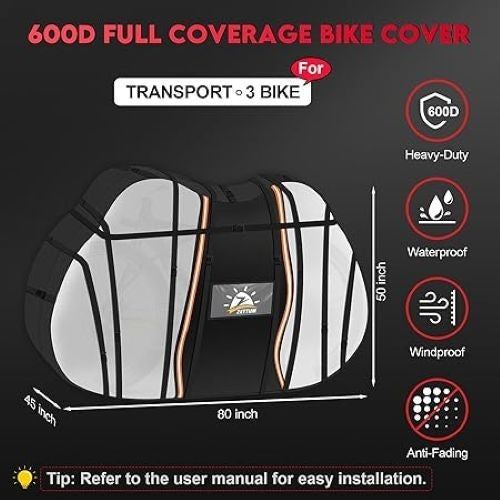Zettum 3 Bike Transport Cover 600D Waterproof Hitch Rack Heavy Duty 80x45x50