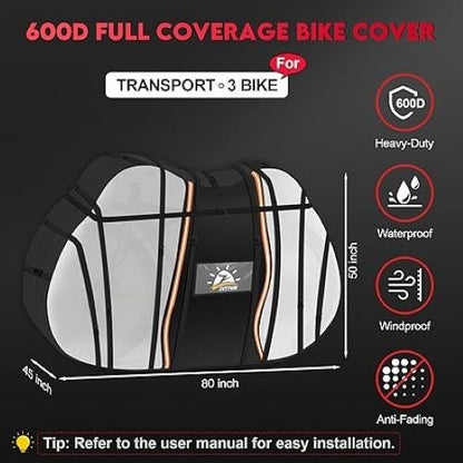 Zettum 3 Bike Transport Cover 600D Waterproof Hitch Rack Heavy Duty 80x45x50