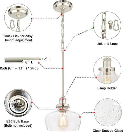 Farmhouse Pendant Light - Brushed Nickel & Seeded Glass - Adjustable Height