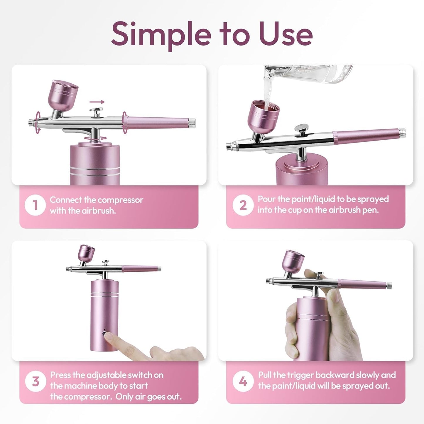 lussmioe Airbrush Kit Compressor 30PSI Cordless 0.3mm Nail Makeup Art Pink