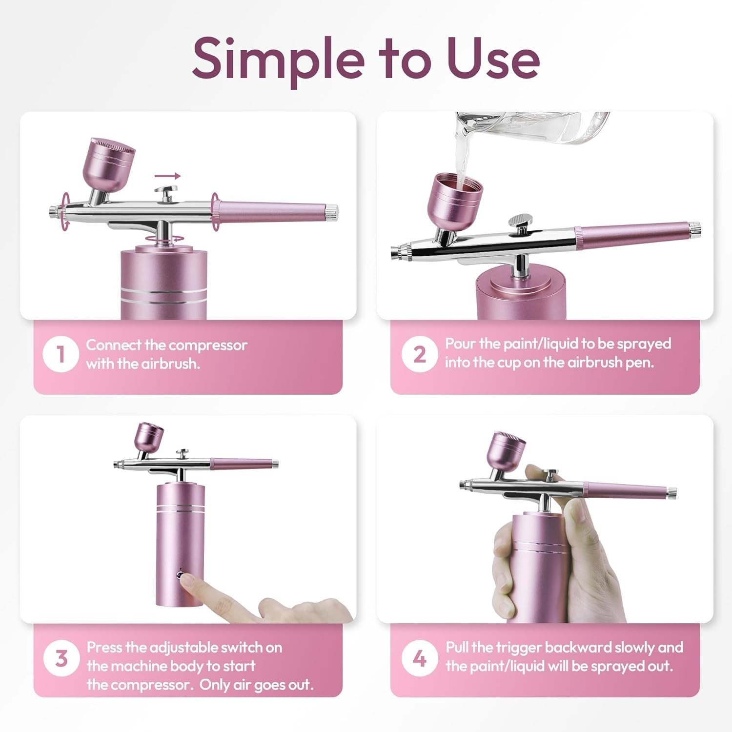lussmioe Airbrush Kit Compressor 30PSI Cordless 0.3mm Nail Makeup Art Pink