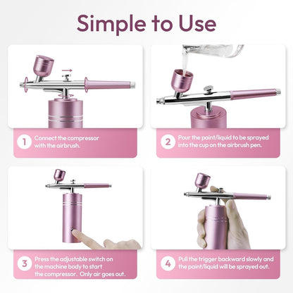 lussmioe Airbrush Kit Compressor 30PSI Cordless 0.3mm Nail Makeup Art Pink