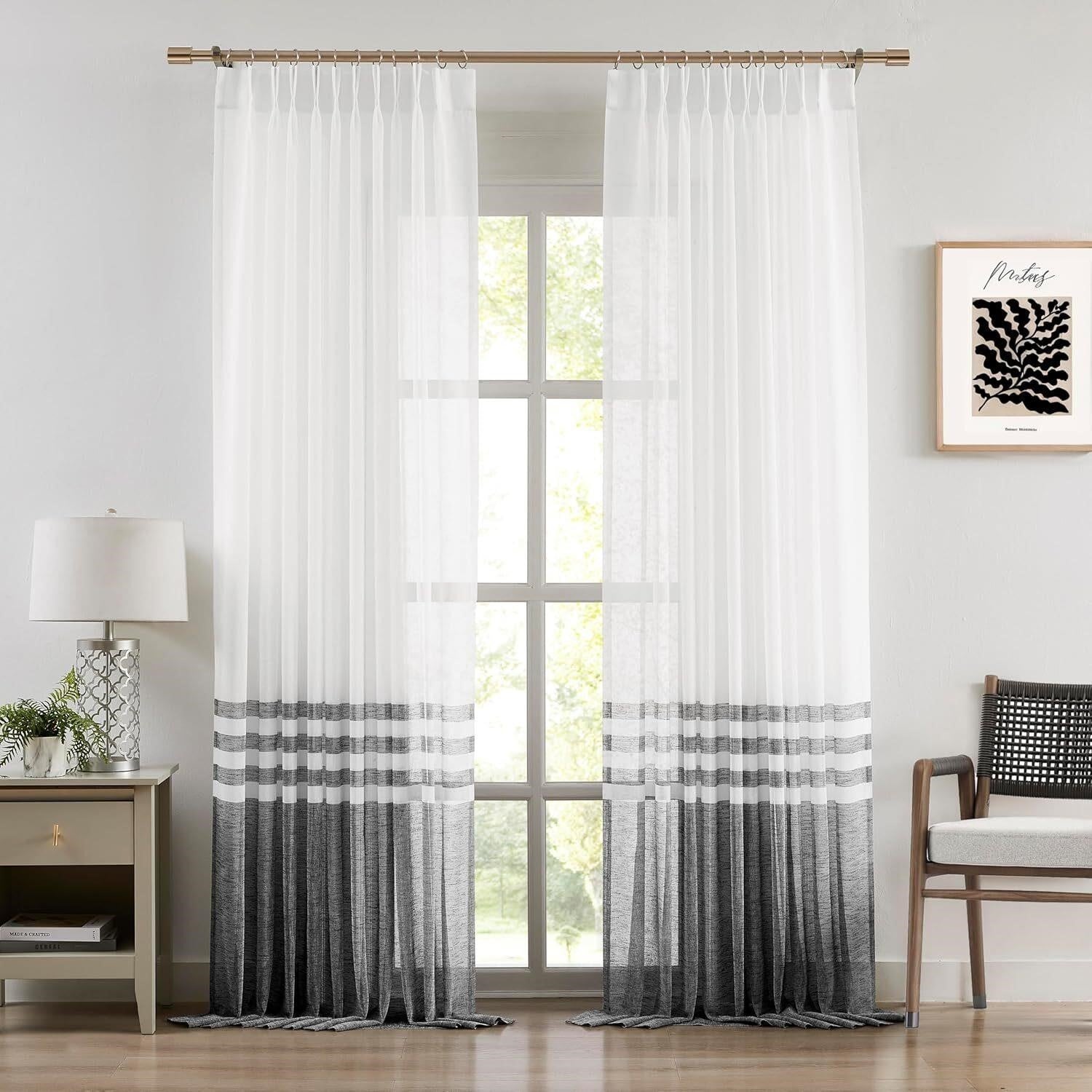Pinch Pleated Sheer Curtains 84 Inch Color Block Black White 2 Panel Farmhouse
