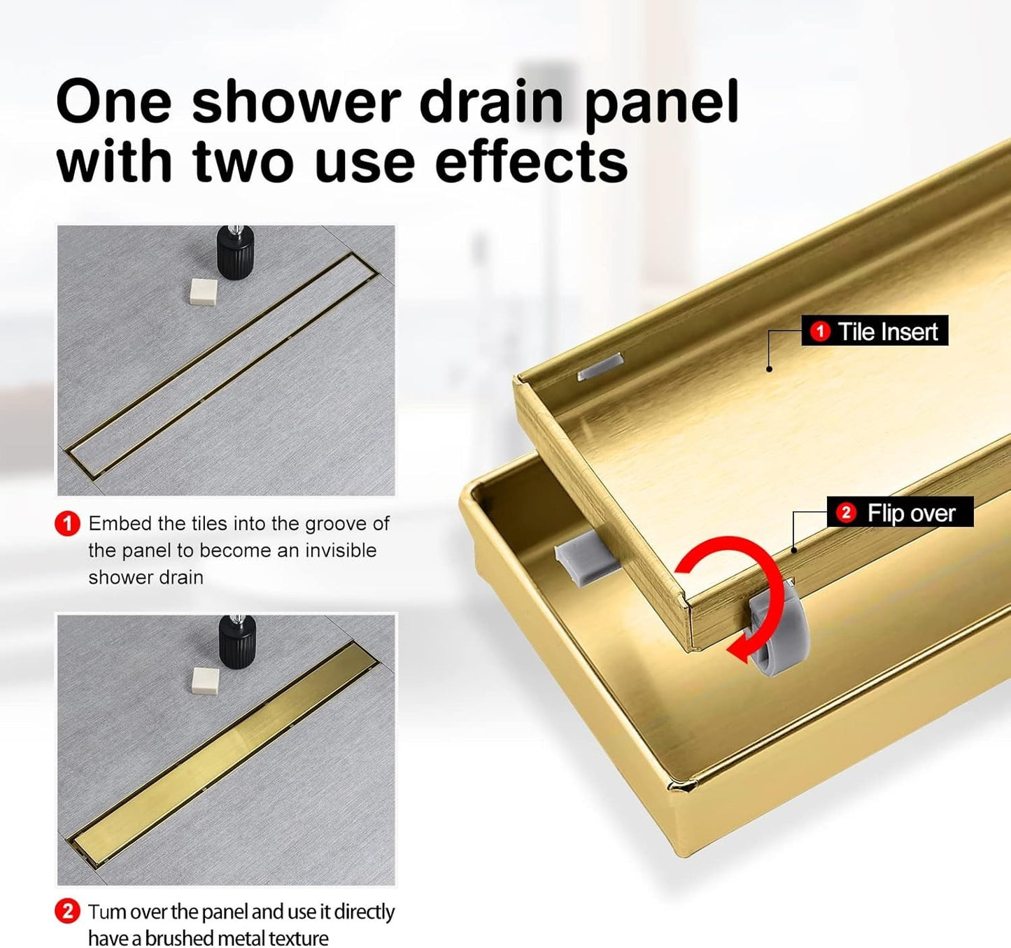 Linear Shower Drain 24 inch Brushed Gold Tile Insert 304 Stainless Adj. Feet