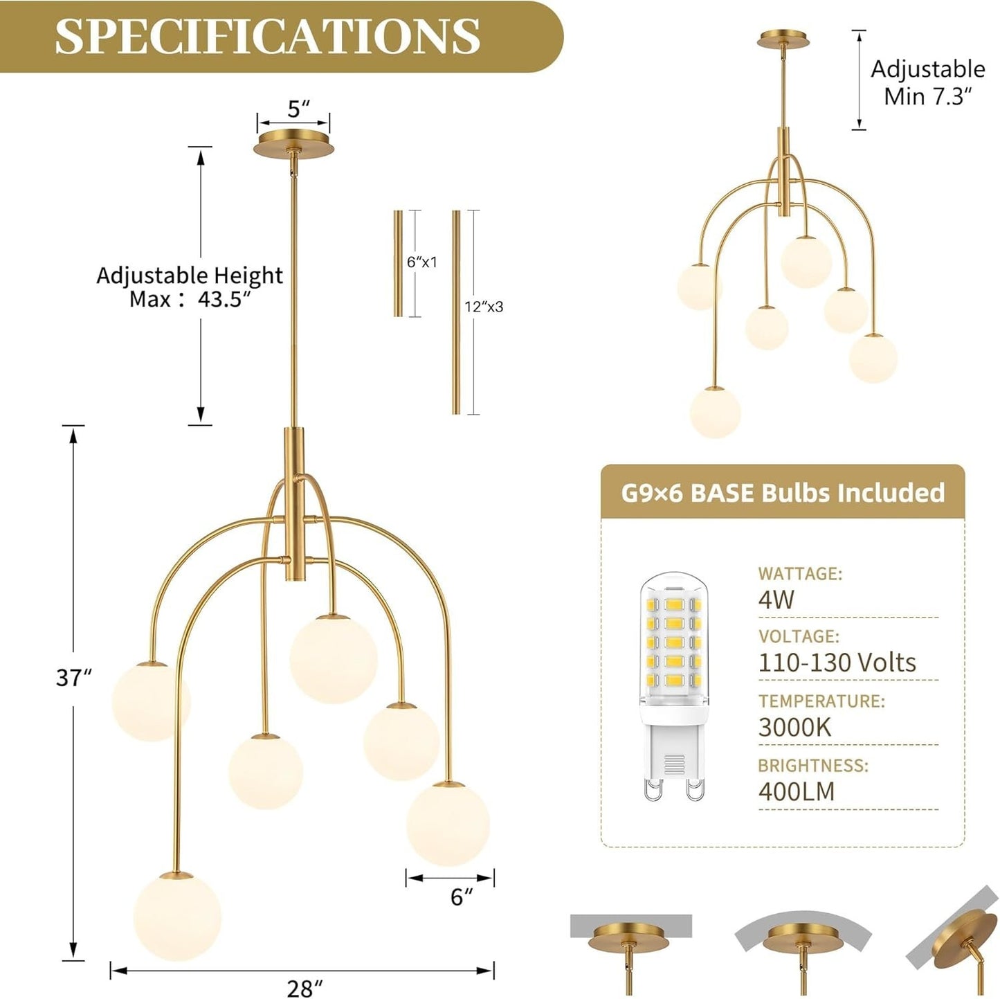LamQee 6 Light Mid Century Modern Sputnik Chandelier Gold Milk Glass Globe G9