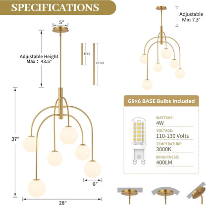 LamQee 6 Light Mid Century Modern Sputnik Chandelier Gold Milk Glass Globe G9