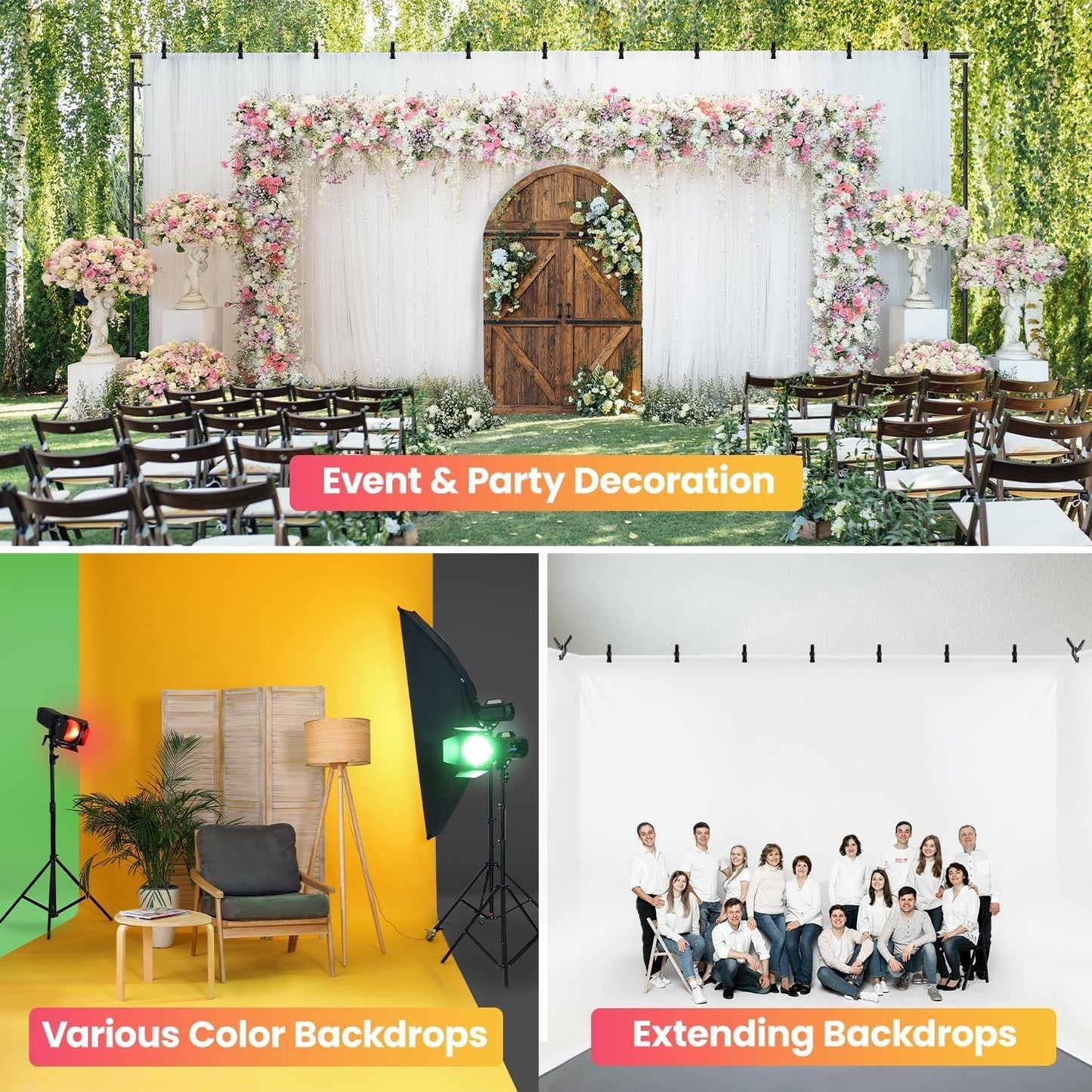30ft Heavy Duty Backdrop Stand Kit Triple 360° Photo Video Event Sandbags Clamps
