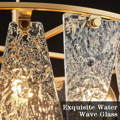 24" Gold Drum Chandelier 8-Light Ripple Glass Modern Vintage Dining Room E12
