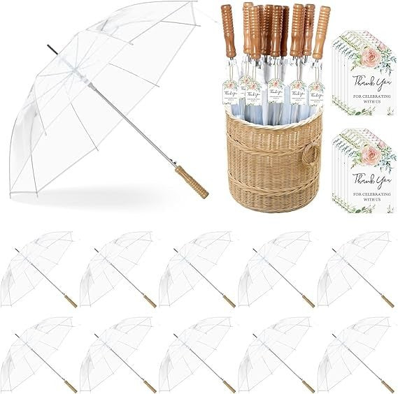Clear Wedding Umbrellas 12 Pack 41 Inch Stick Wood Handle Bridal Bulk Photo Prop