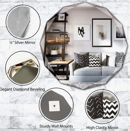 MUAUSU 28" Scalloped Round Mirror Frameless Diamond Bevel Copper-Free