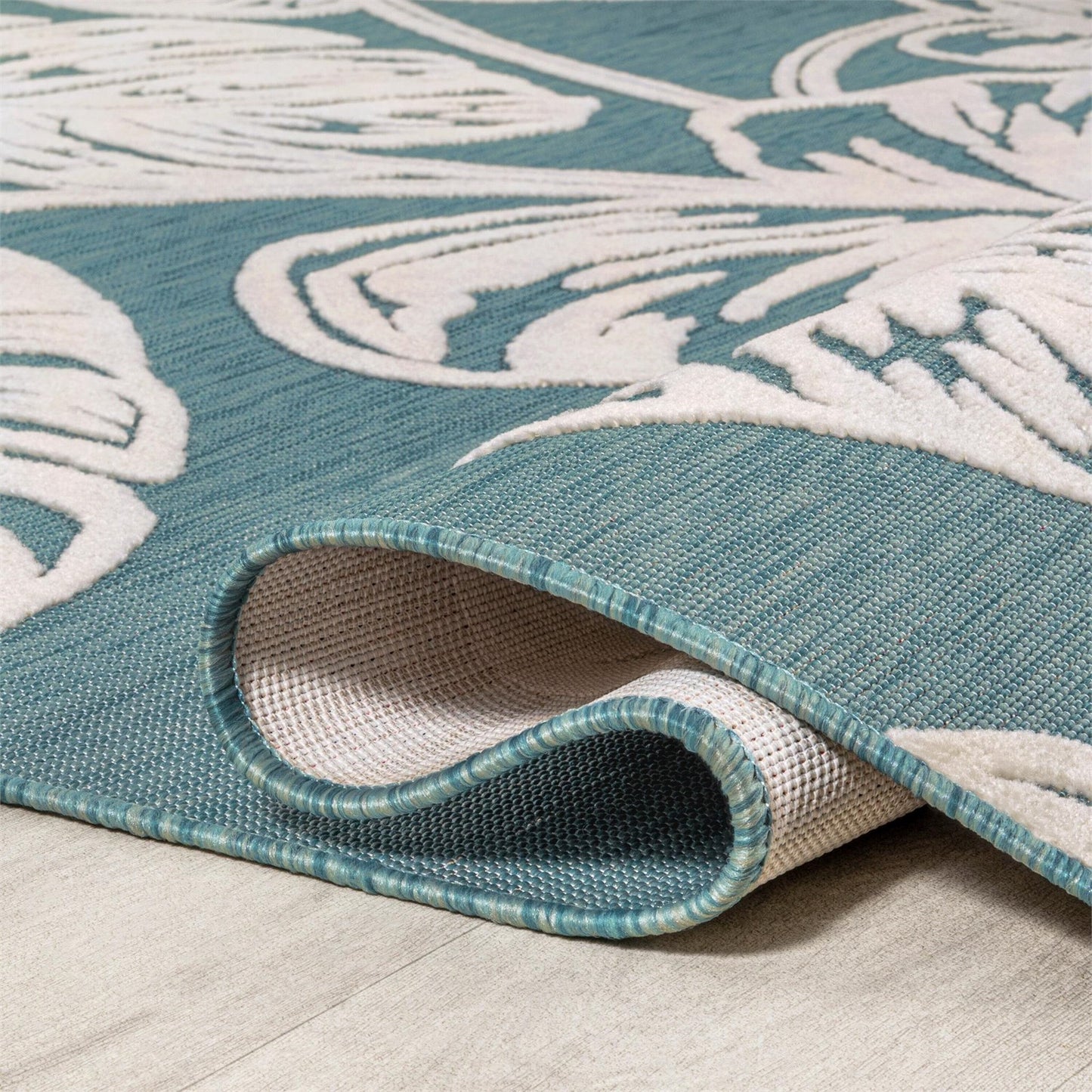 JONATHAN Y Hawaii Tobago Monstera Runner Rug 2x8 Indoor Outdoor Blue Ivory