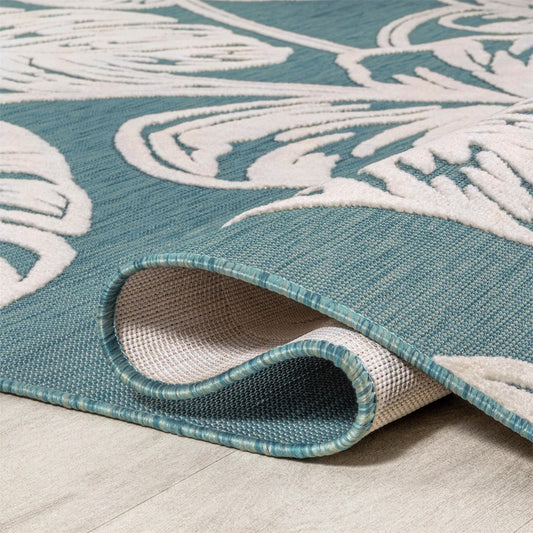 JONATHAN Y Hawaii Tobago Monstera Runner Rug 2x8 Indoor Outdoor Blue Ivory
