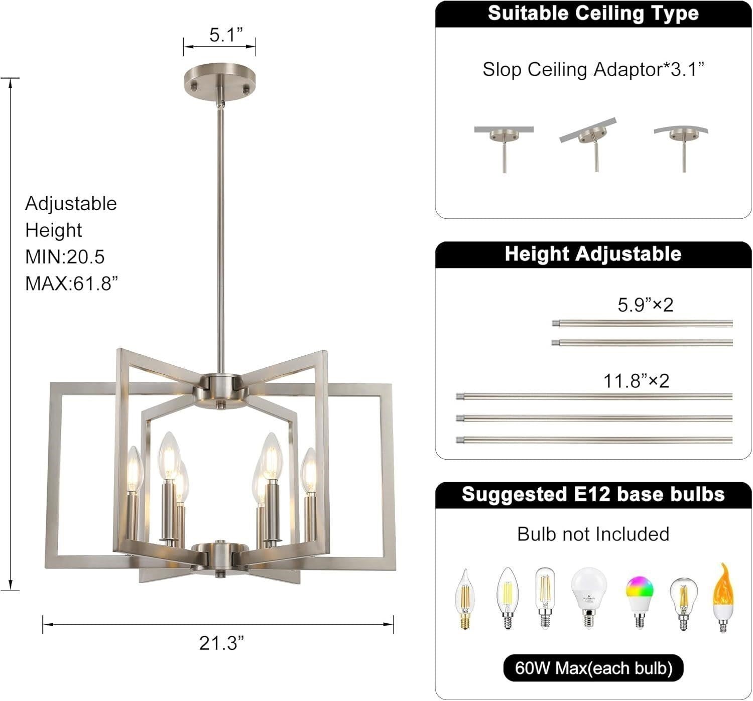 6-Light Modern Geometric Chandelier Brushed Nickel 21in Dining Room Kitchen UL