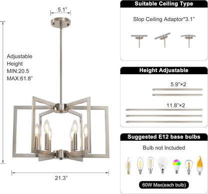 6-Light Modern Geometric Chandelier Brushed Nickel 21in Dining Room Kitchen UL