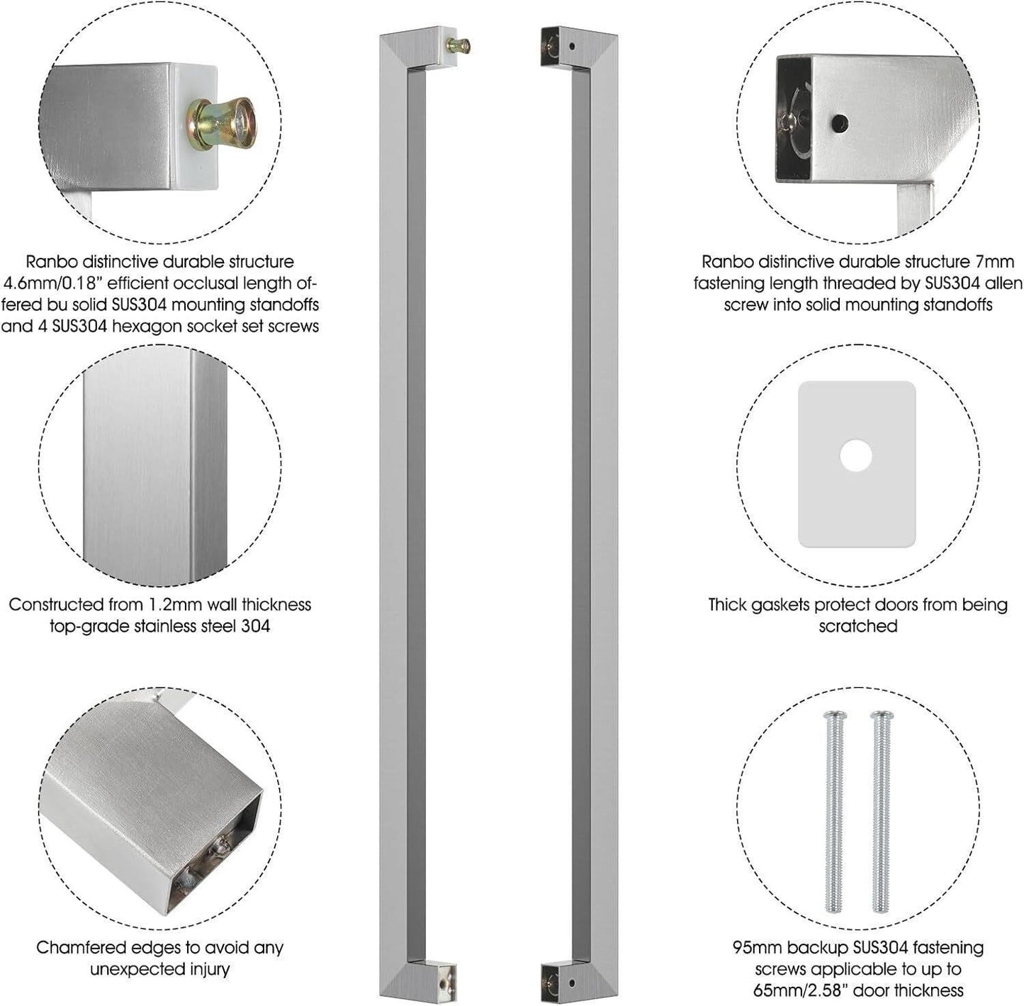 Ranbo 48" Rectangular Entrance Handle - Fits Glass & Wood Doors - Brushed Nickel