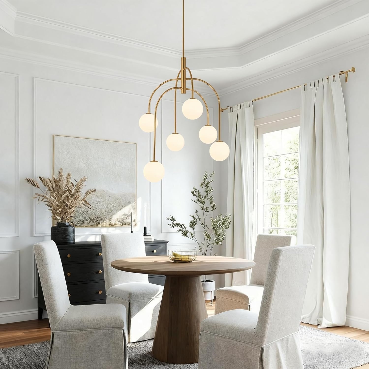 LamQee 6 Light Mid Century Modern Sputnik Chandelier Gold Milk Glass Globe G9