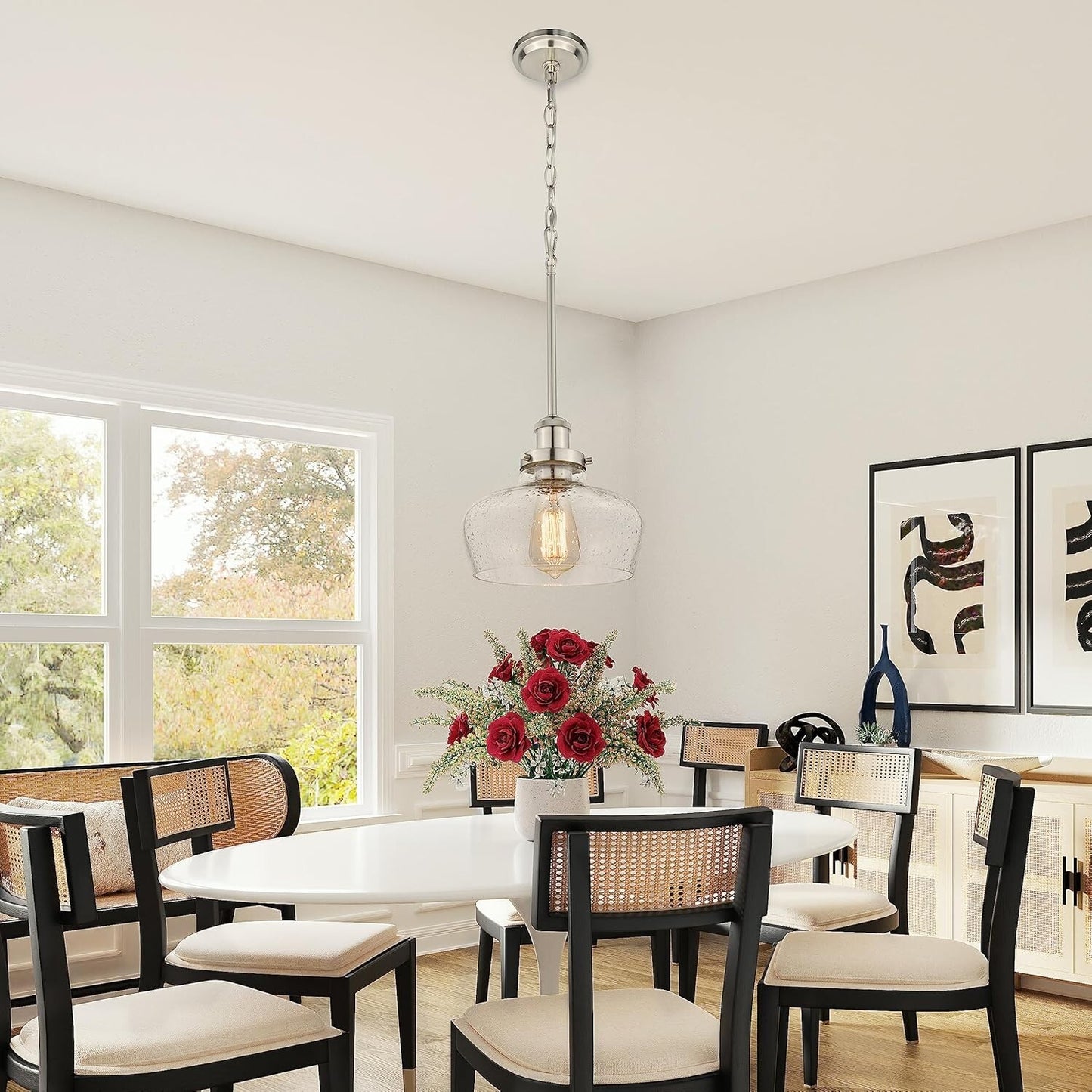 Farmhouse Pendant Light - Brushed Nickel & Seeded Glass - Adjustable Height