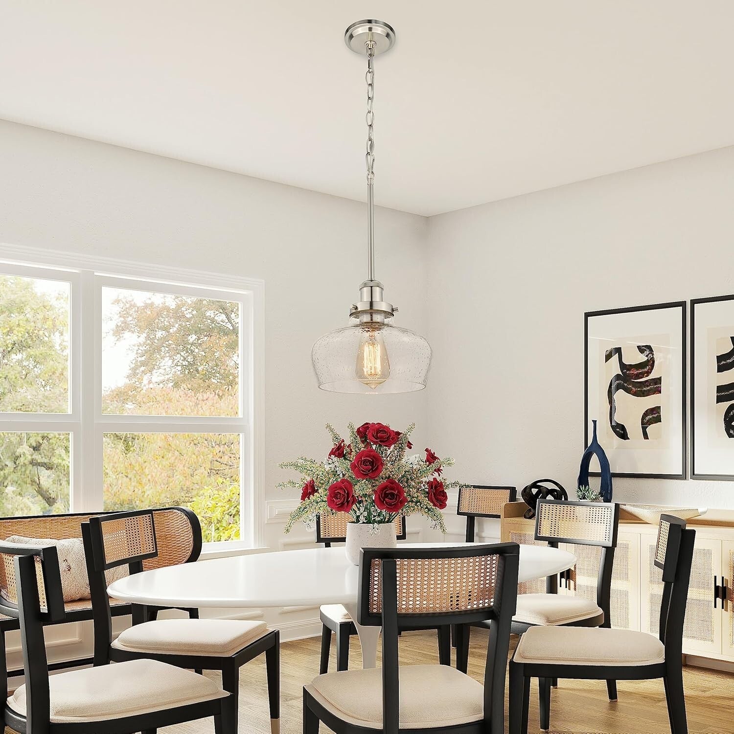 Farmhouse Pendant Light - Brushed Nickel & Seeded Glass - Adjustable Height