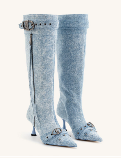 Nico Blue Denim Knee High Boot Pointed Toe Spool Heel Buckle Studded NIB