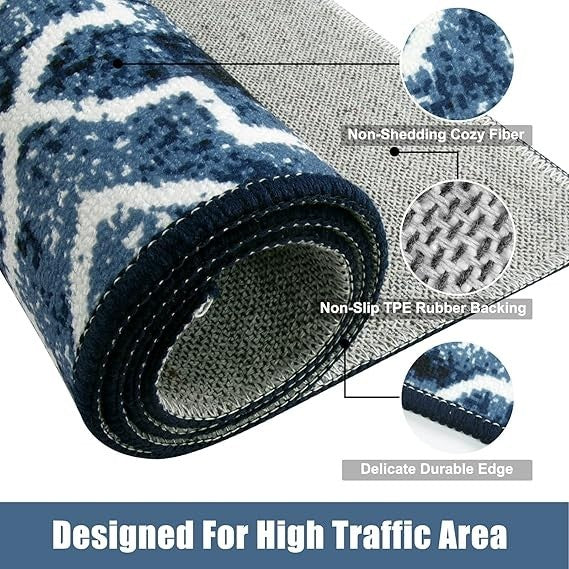 3x5 Moroccan Trellis Indoor Door Mat Washable Non-Slip Entry Rug Blue Distressed