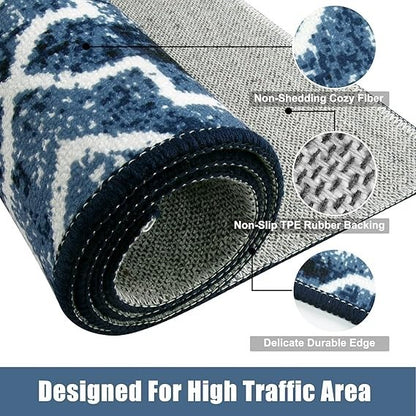 3x5 Moroccan Trellis Indoor Door Mat Washable Non-Slip Entry Rug Blue Distressed