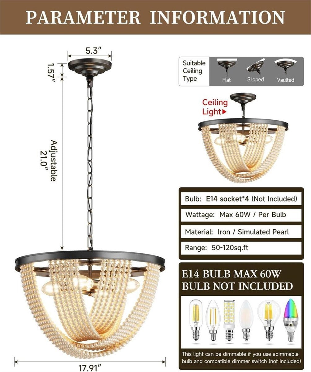 18" Pearl Bead Chandelier Black 4-Light Vintage Regency Boho Dining Bedroom