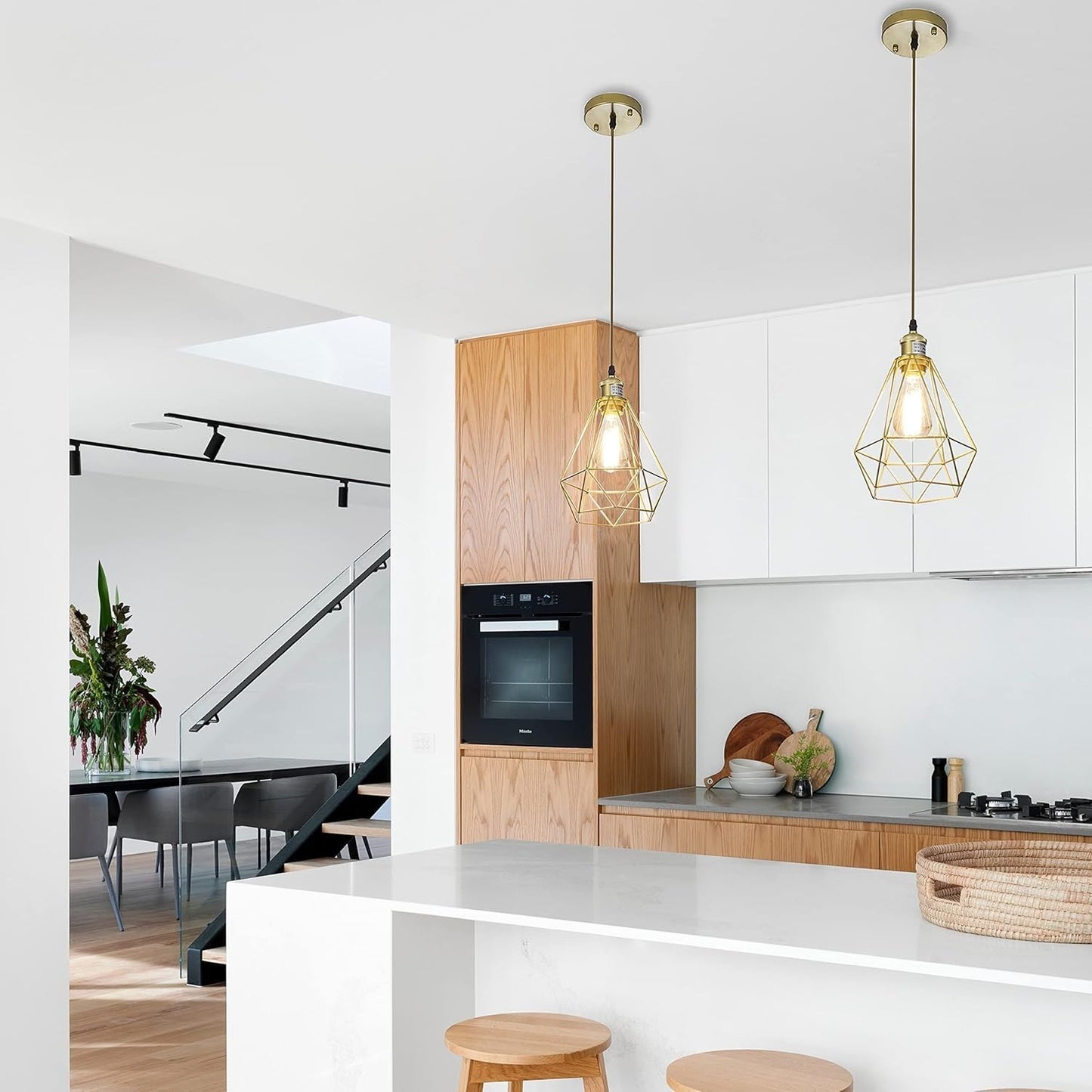 Gold Pendant Light 2 Pack Geometric Cage Kitchen Island Adjustable Modern Foyer