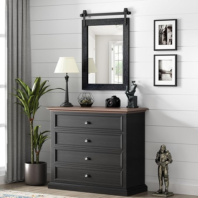 Menscha 22x32 Black Farmhouse Barn Door Mirror Bathroom Vanity Rustic Western