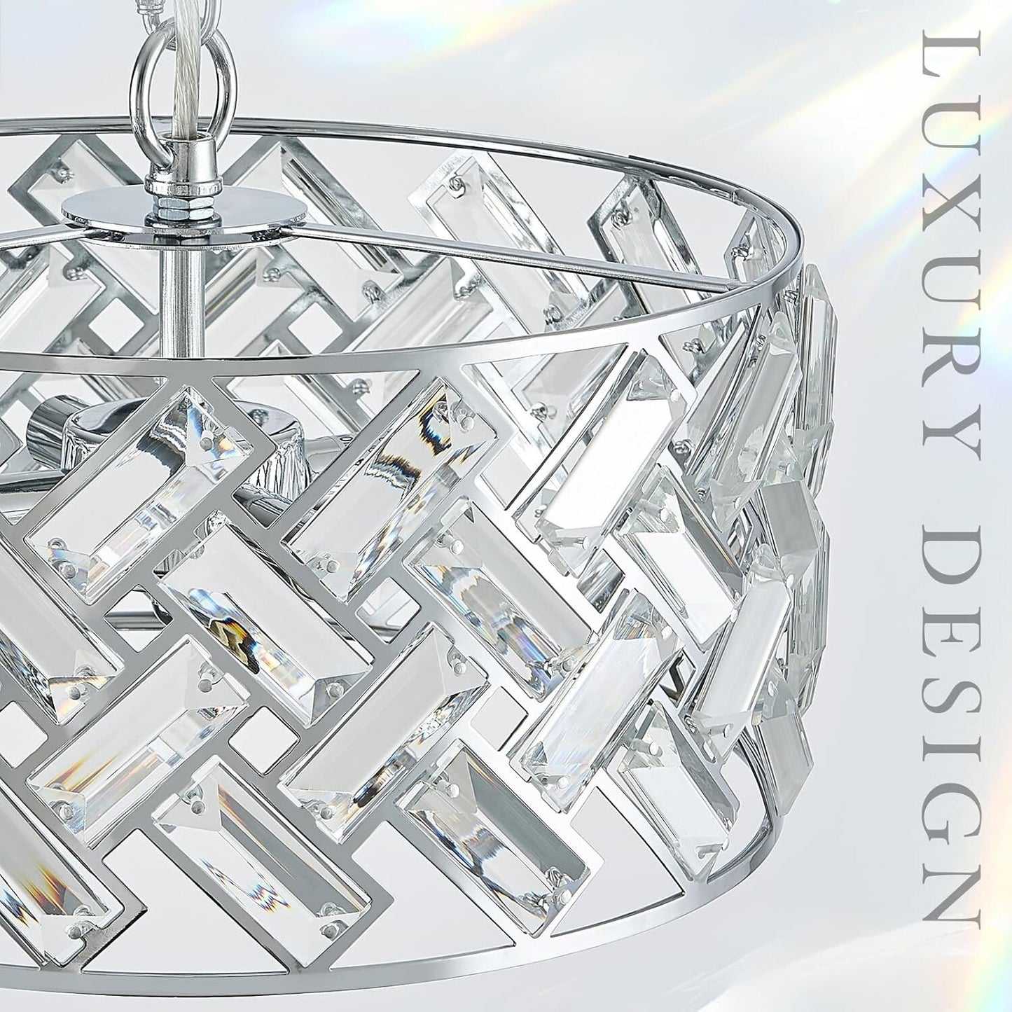 12" Crystal & Polished Chrome 4-Light Chandelier - Modern Drum Pendant Light