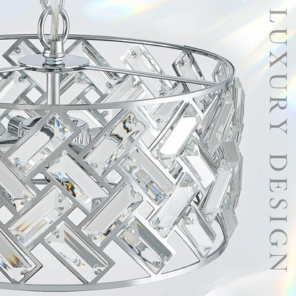 12" Crystal & Polished Chrome 4-Light Chandelier - Modern Drum Pendant Light