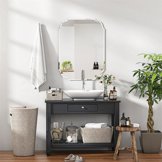 KOHROS 20x28 Scalloped Frameless Beveled Bathroom Vanity Mirror Silver Wall Hung