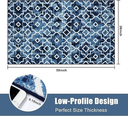 3x5 Moroccan Trellis Indoor Door Mat Washable Non-Slip Entry Rug Blue Distressed
