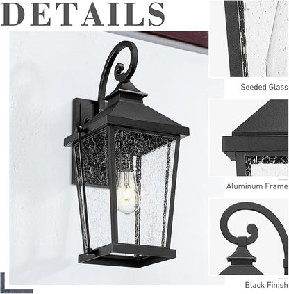 zeyu 22" Outdoor Wall Lantern 1-Light Seeded Glass Black Porch Light ETL E26
