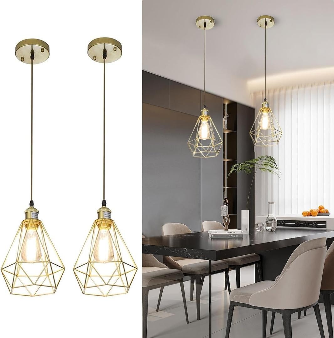 Gold Pendant Light 2 Pack Geometric Cage Kitchen Island Adjustable Modern Foyer