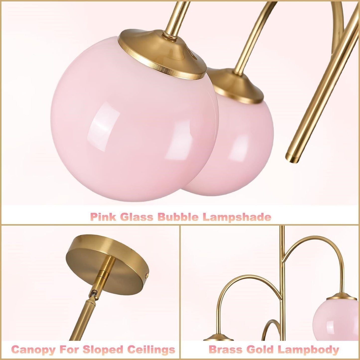 3-Light Pink Glass Globe Pendant Chandelier 21.7" Brass Gold Dimmable G9