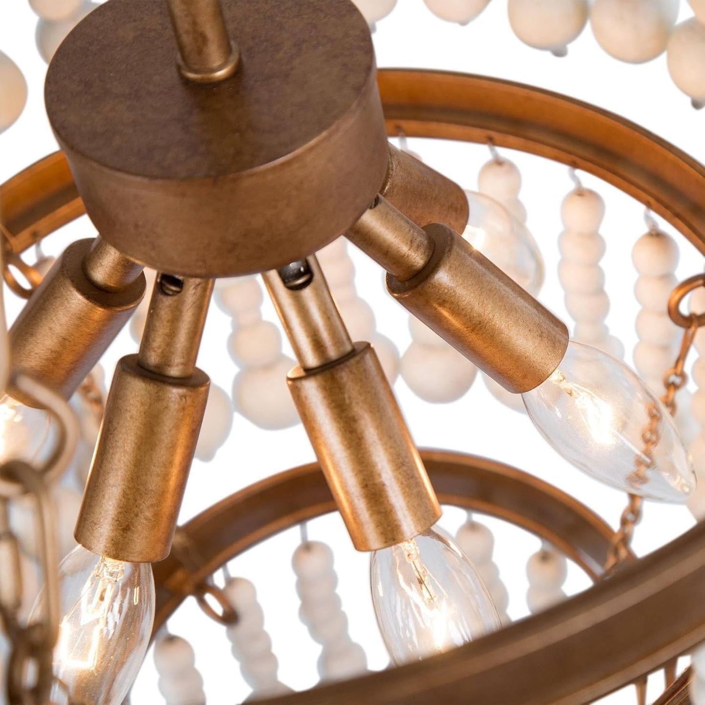 3-Tier Wood Bead Chandelier 6-Light Antique Gold Boho Farmhouse 16" UL E12