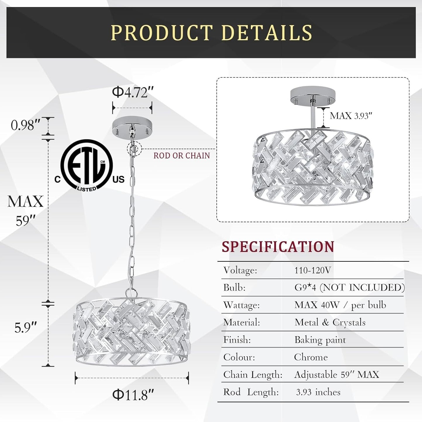 12" Crystal & Polished Chrome 4-Light Chandelier - Modern Drum Pendant Light