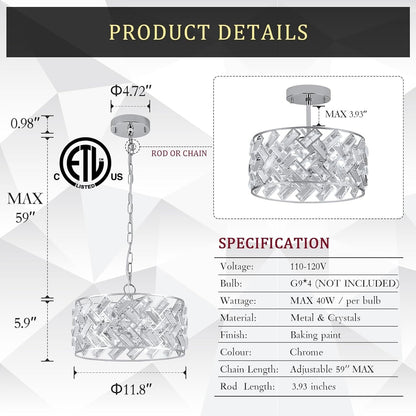12" Crystal & Polished Chrome 4-Light Chandelier - Modern Drum Pendant Light